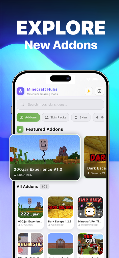 BlockHub app interface showing featured and all addons for Minecraft customization