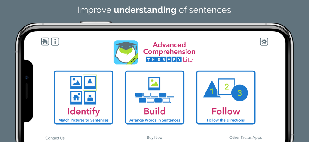 Menu principal de l'application Advanced Comprehension Therapy Lite montrant trois activités de compréhension de phrases : Identifier, Construire et Suivre.