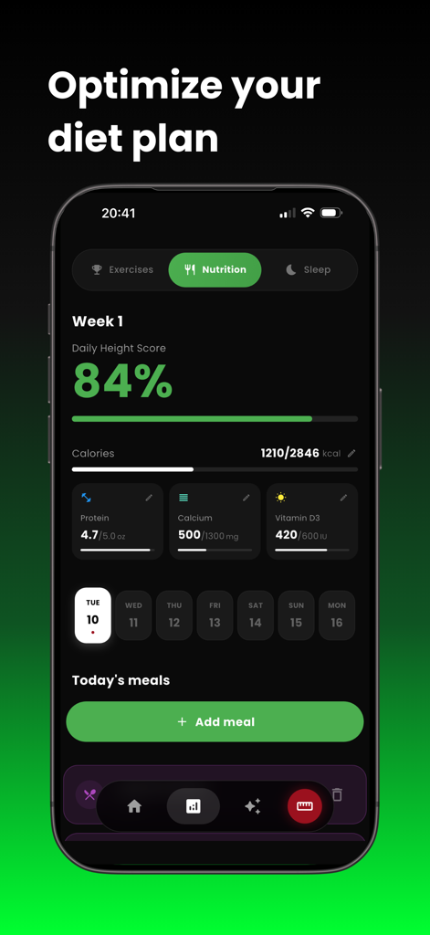 HeightMax app interface showing nutrition and diet plan with daily height score and nutrient tracking