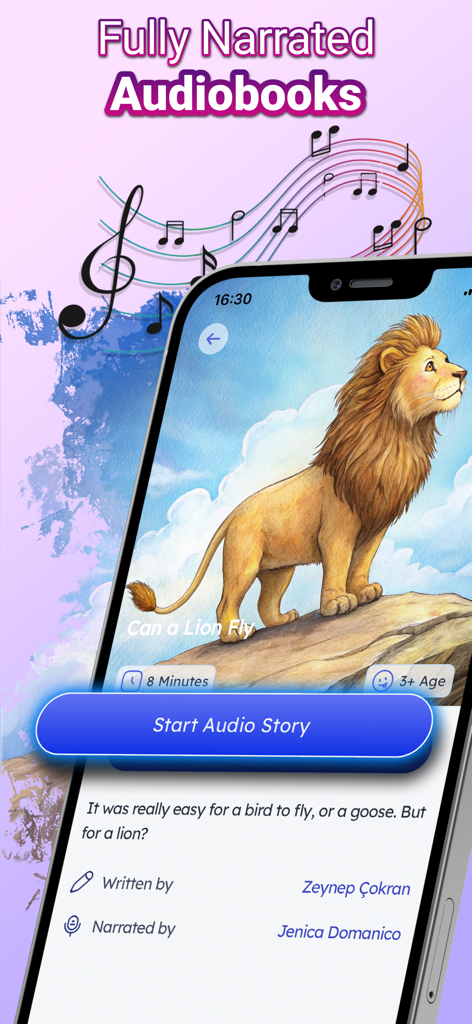 TellPal: Kids Bedtime Stories - Smartphone screen showing a narrated children story about a lion in the TellPal app.