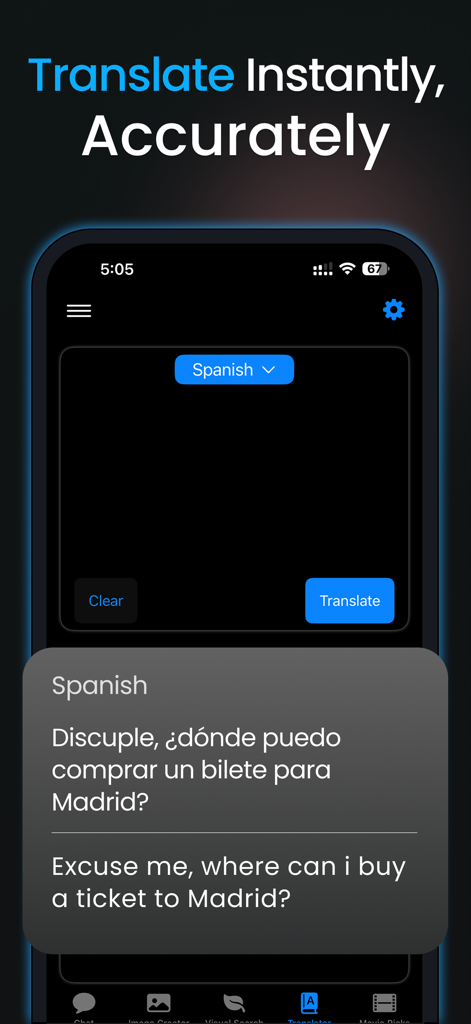 Chat AI+ Ask Chatbot Assistant - AI Translator interface in the Chat AI plus app showing a Spanish phrase translated into English