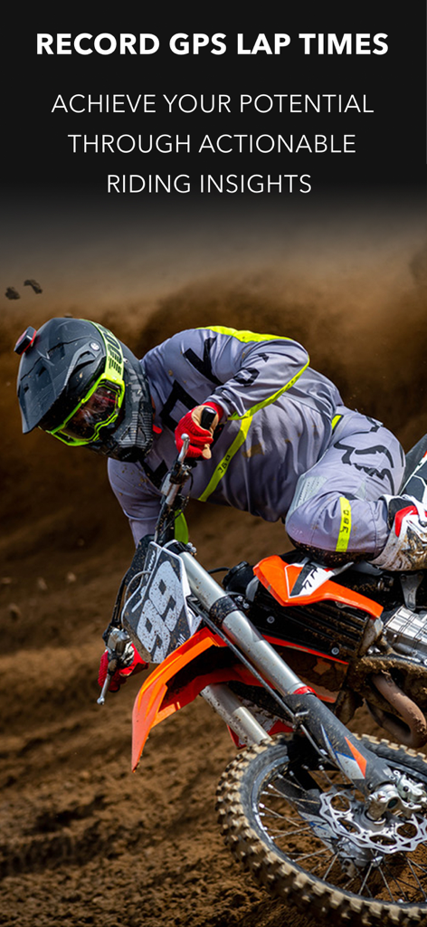 LITPro - GPS Lap Timer - A motocross rider in action on a dirt track with promotional text for LITPro GPS lap timing and riding insights.