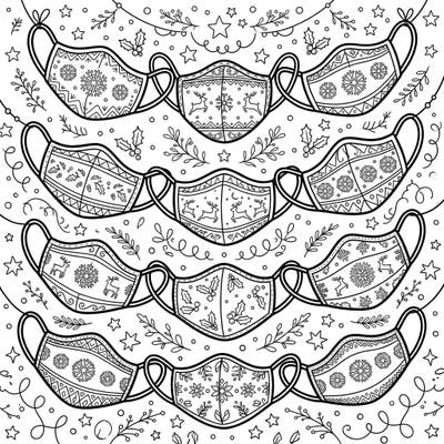 Dive into a wonderfully whimsical Christmas with this unique coloring page featuring an array of festive facial masks. Each mask boasts intricate holiday patterns, perfect for adding your personal touch of color to the season.