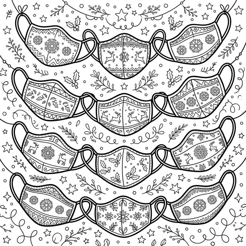 Dive into a wonderfully whimsical Christmas with this unique coloring page featuring an array of festive facial masks. Each mask boasts intricate holiday patterns, perfect for adding your personal touch of color to the season.