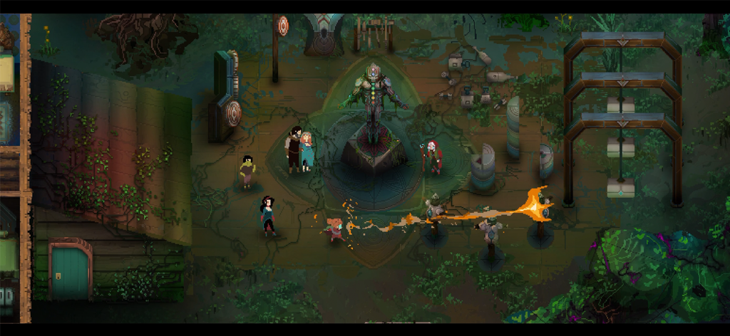 Children of Morta - Un personnage en pixel art utilise une attaque à distance sur des mannequins d'entraînement dans Children of Morta