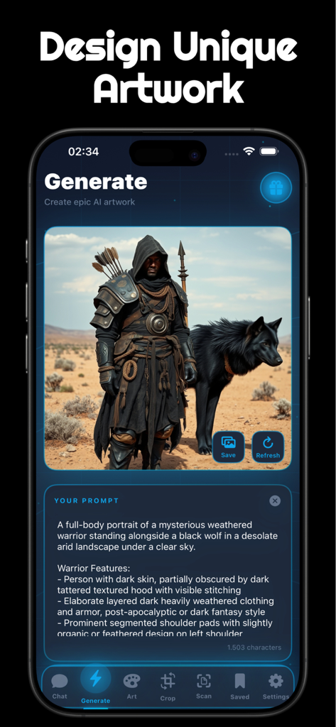Arena AI Mobile - Arena AI 모바일 인터페이스에 텍스트 프롬프트를 기반으로 사막의 전사와 검은 늑대의 AI 생성 아트워크가 표시됩니다.