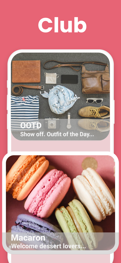 Plus Club: BBW Dating & Chat - Plus Club app interface showing interest-based community groups for fashion and dessert lovers