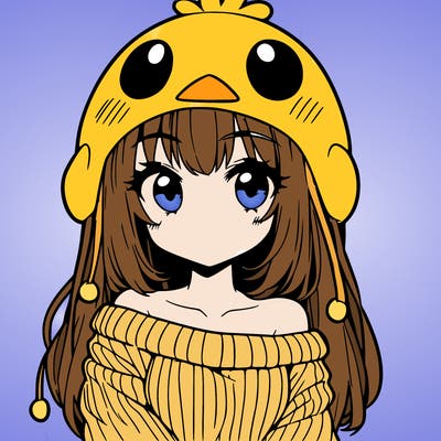 anime girl with chick shaped hat with sweater with bare shoulders with bangs covering them one eye with low tail