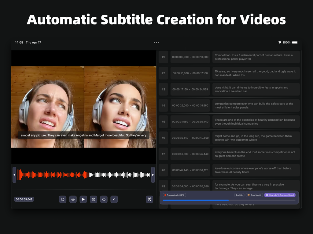 SubEasy app showing automatic subtitle creation for videos with AI transcription and audio waveform on iPad