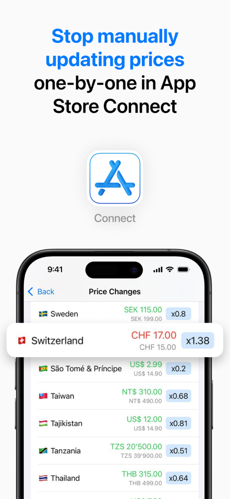 Mobile screen showing global price updates and localization for App Store Connect within the Price Localize app