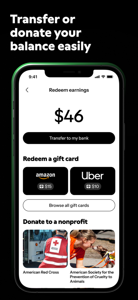 The Joko app interface showing a 46 dollar balance with options to transfer to a bank account redeem gift cards or donate to a nonprofit