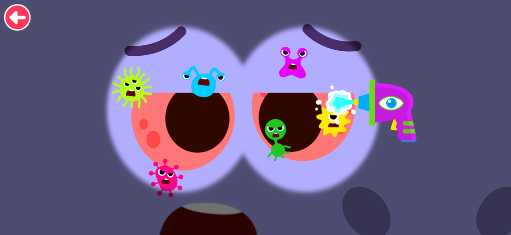 Doctor Kiko - Limpieza de coloridos parásitos de dibujos animados de los ojos de un personaje usando una herramienta de spray médico en Doctor Kiko.