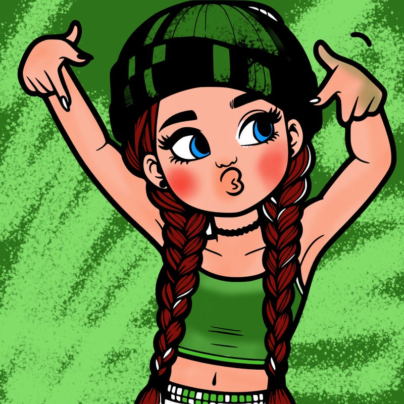 realistic teenage girl with braids and a beanie and crop top doing 🫶🏼
