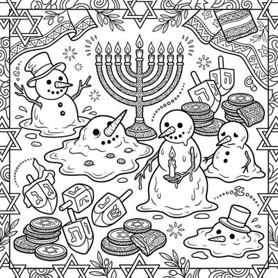 Dive into a uniquely festive Hanukkah celebration with this delightful coloring page featuring charming melting snowmen. Discover menorahs, dreidels, and chocolate gelt, all waiting for your creative touch.