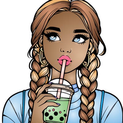 realistic girl with braided hair drinking boba