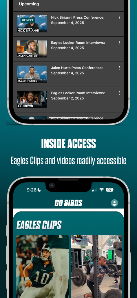 Philadelphia Eagles - Philadelphia Eagles app interface showing insider press conferences and vertical video clips