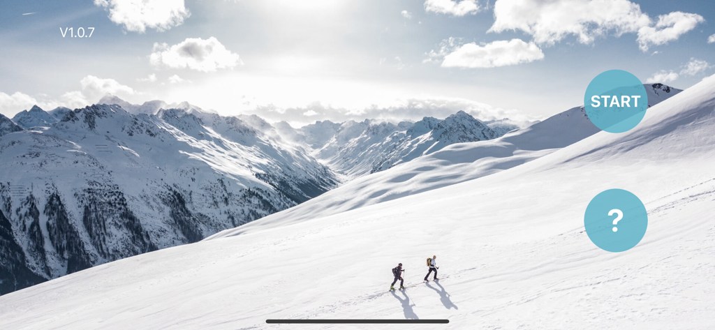 RCFPVPro - Start screen of the RCFPVPro drone app featuring a snowy mountain landscape and a start button