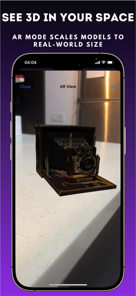 3D Maker Studio - Interfaz de la aplicación 3D Maker Studio que muestra un modelo de cámara 3D renderizado en realidad aumentada sobre una superficie del mundo real.