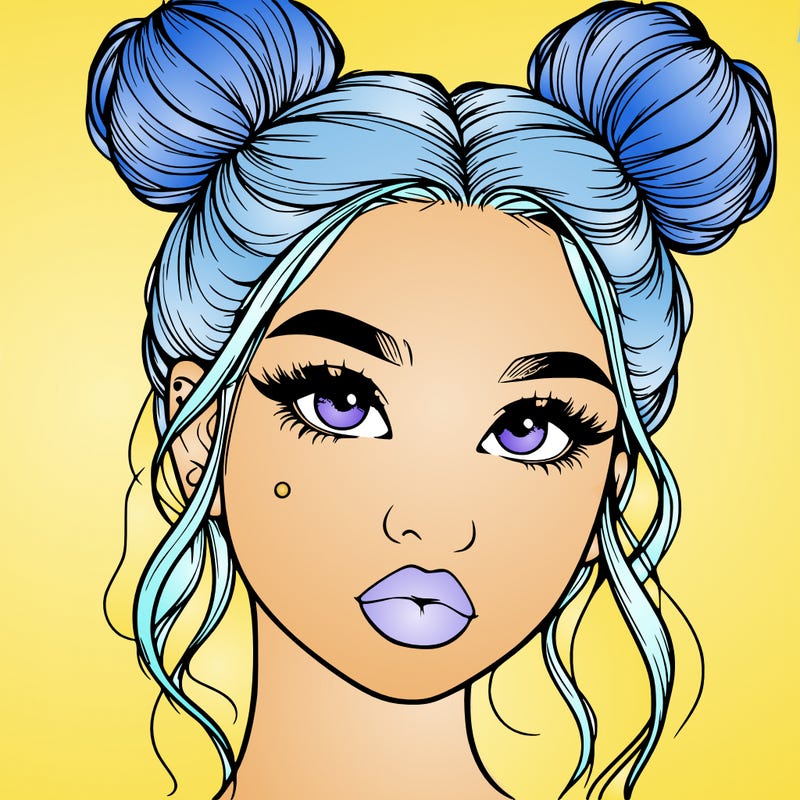 realistic girl with two buns on her hair and lips