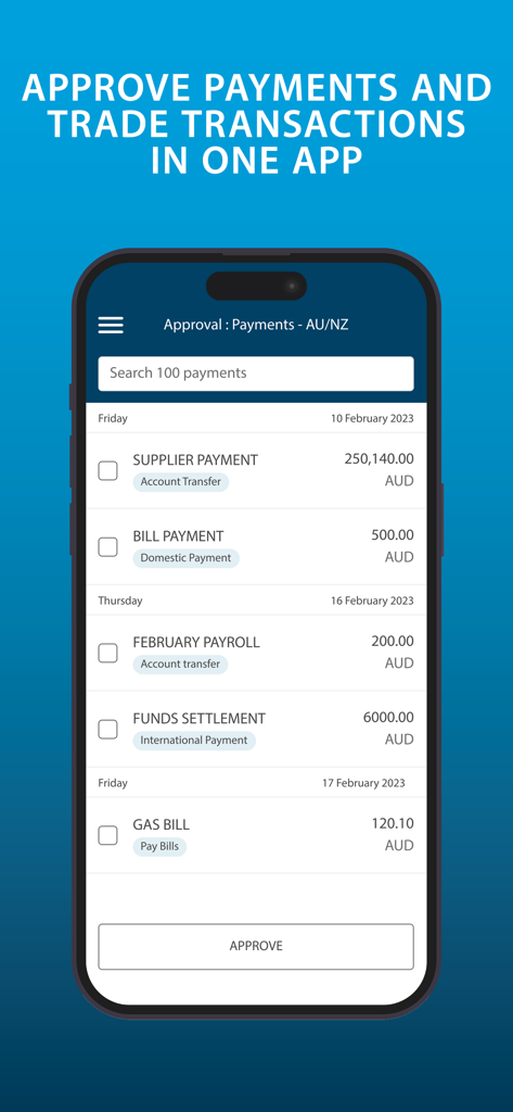 ANZ Transactive - Global - Mobile interface of ANZ Transactive Global showing a list of pending corporate payments ready for approval