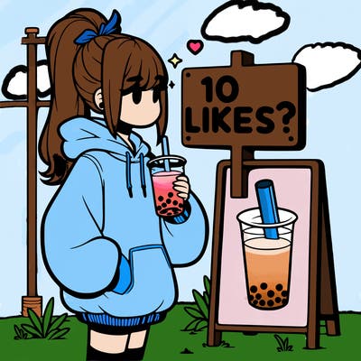 girl with oversized hoodie drinking boba and she has a high ponytail with a sign that says 10likes?