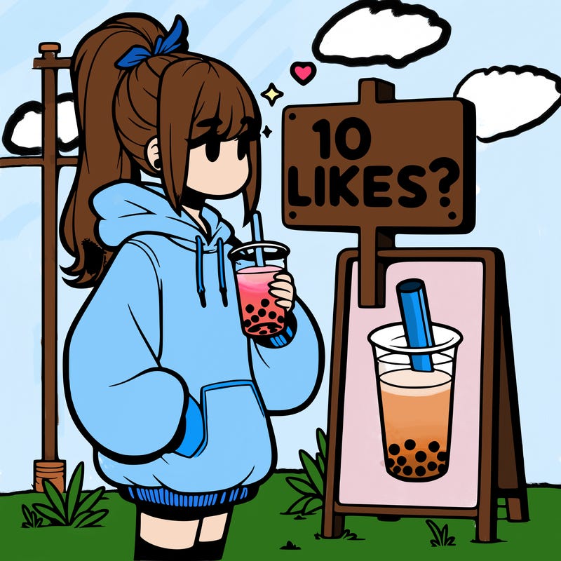 girl with oversized hoodie drinking boba and she has a high ponytail with a sign that says 10likes?