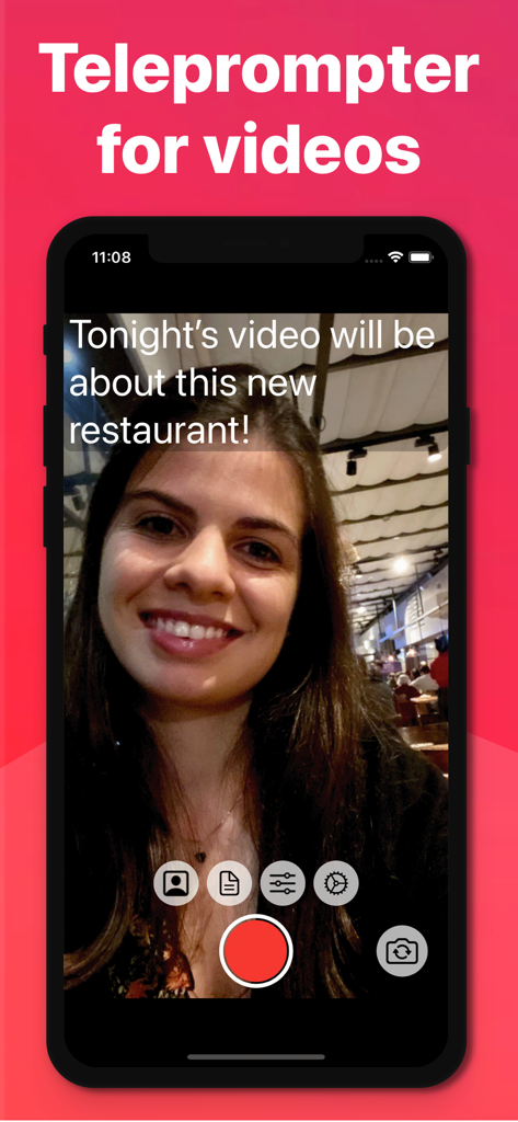 Instant Prompter: Teleprompter - Una pantalla de smartphone mostrando la interfaz de la aplicación Instant Prompter con una mujer grabando un vídeo y una superposición de guion.
