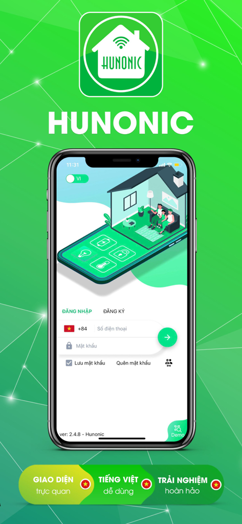 Écran de connexion de l'application mobile Hunonic pour la maison intelligente avec interface vietnamienne et illustration d'automatisation de la maison