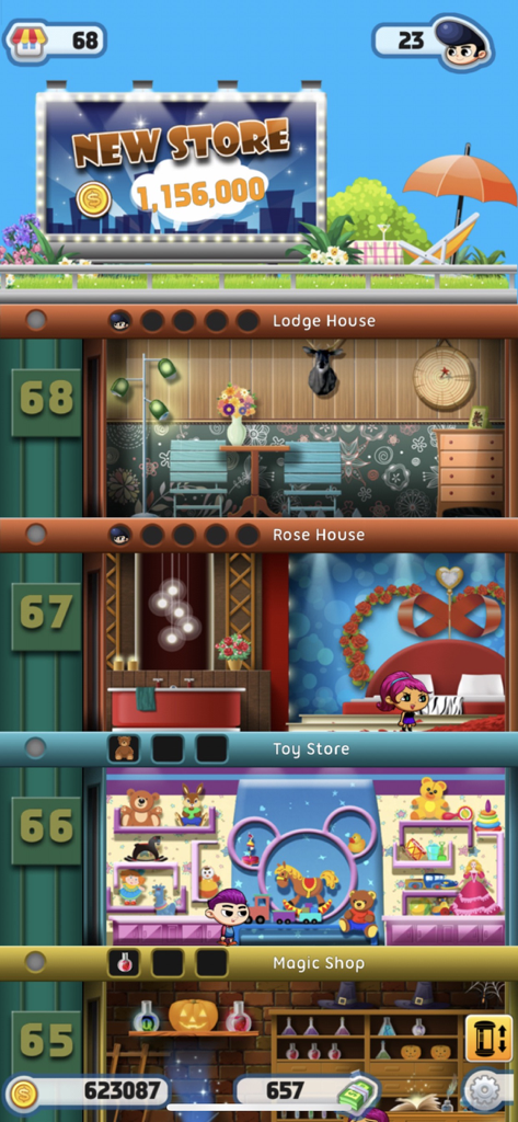 A vertical view of multiple floors in Dream Tower including a lodge house rose house toy store and magic shop