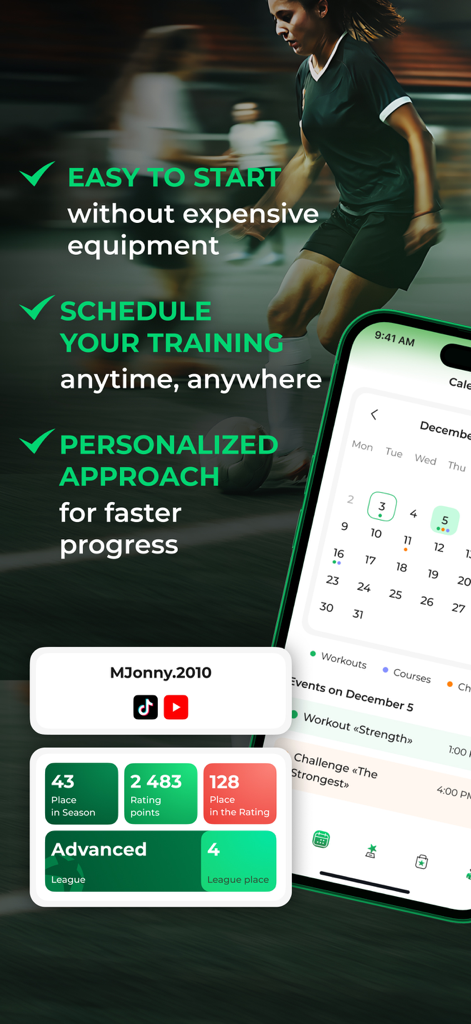 Ball in Goal: Soccer Training - Interface do aplicativo de treinamento de futebol Ball in Goal mostrando um cronograma de treinamento de futebol e estatísticas de desempenho do jogador