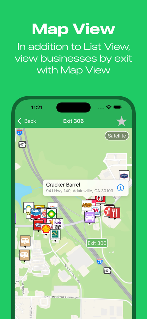 iExit Interstate Exit Guide - Map view showing roadside businesses like Cracker Barrel and gas stations at Interstate Exit 306.