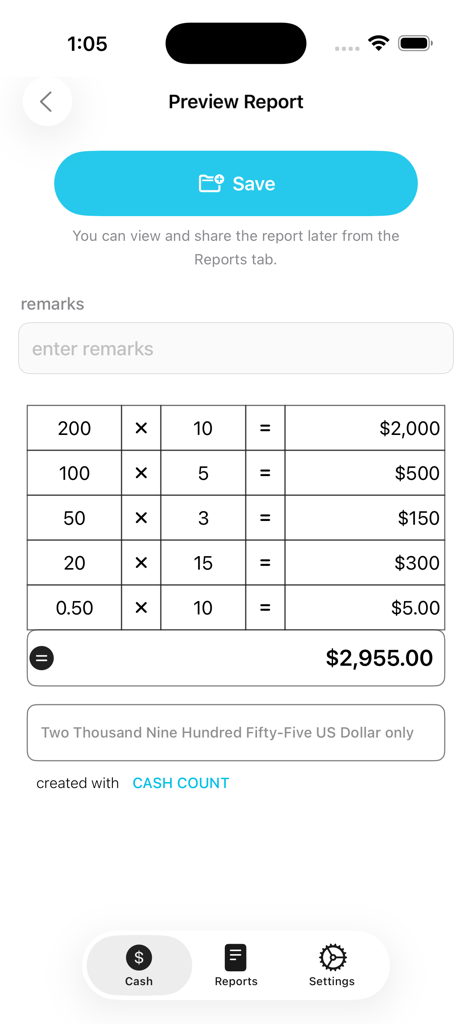 Cash Count –  Cash Calculator - 2955 미국 달러의 총 합계와 지폐 단위의 자세한 내역을 보여주는 미리 보기 보고서 화면
