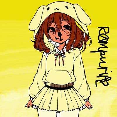 pretty anime girl wearing a fluffy hoodie with bunny ears on the hood and a skirt