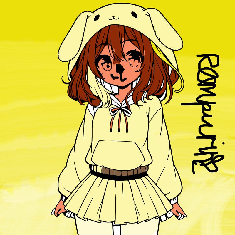 pretty anime girl wearing a fluffy hoodie with bunny ears on the hood and a skirt