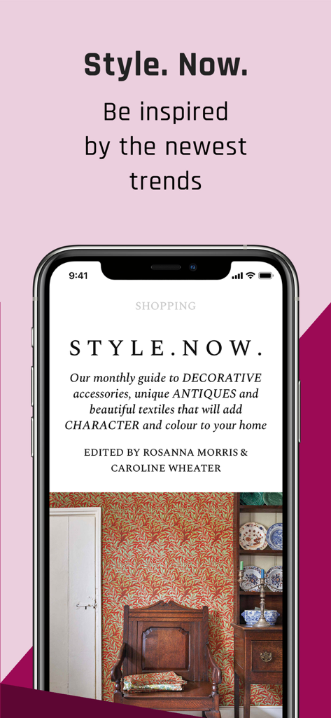 Homes & Antiques Magazine - Homes and Antiques Magazine app screen displaying interior design trends and a vintage wooden chair against floral wallpaper