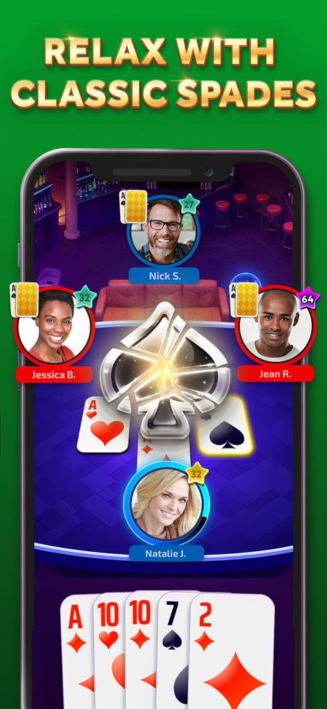 Multiplayer gameplay of Spades Online showing four players and digital card decks