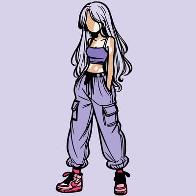 girl in baggy pants crop top and long hair