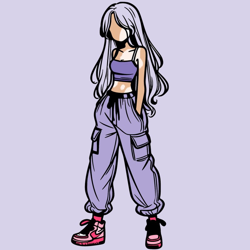 girl in baggy pants crop top and long hair