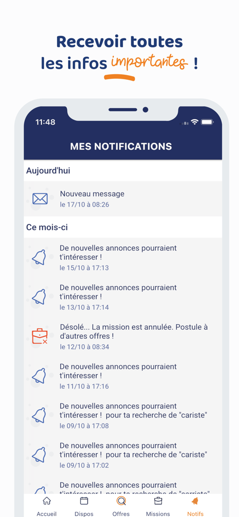 Avvisi di lavoro e elenco messaggi sulla schermata delle notifiche dell'app mobile myPROMAN