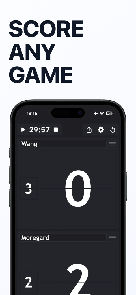 Scoreboard: Score Any Game - Smartphone screen displaying the Scoreboard app interface with a timer and scores for two players
