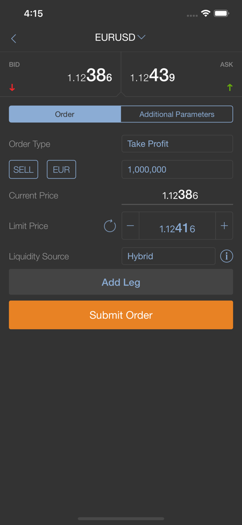 Execute by J.P. Morgan - Forex trading interface showing a EUR USD sell order on Execute by J.P. Morgan