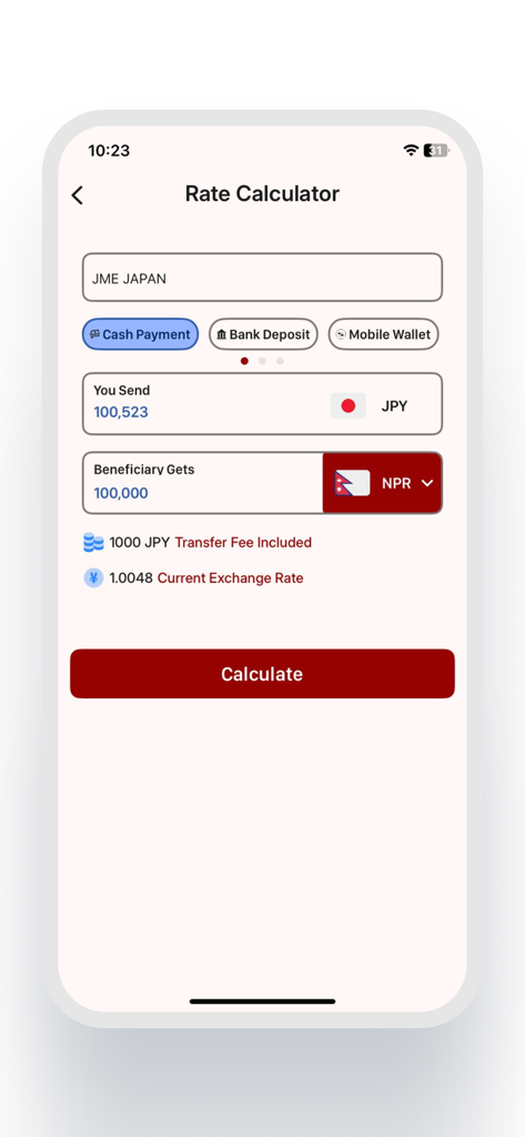 JME Remittance app rate calculator screen showing currency conversion from JPY to NPR with transfer fees and exchange rates.