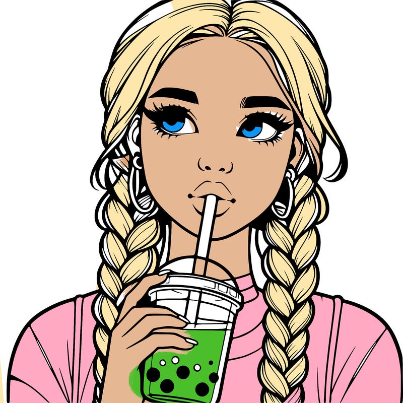 realistic girl with braided hair drinking boba