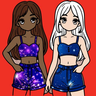 two sisters with crop tops and jean shorts and straight hair