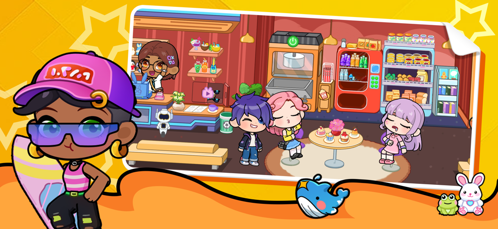 City life world：Avatar Maker - Avatares de dibujos animados interactuando en un colorido café o vestíbulo de cine dentro de la aplicación City life world.