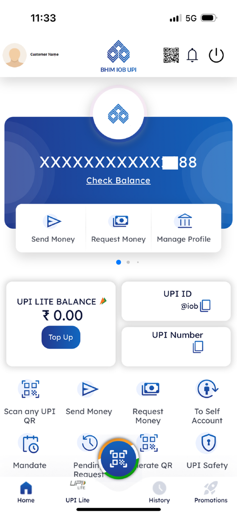 BHIM IOB UPI - BHIM IOB UPI mobile app dashboard showing account balance and money transfer options