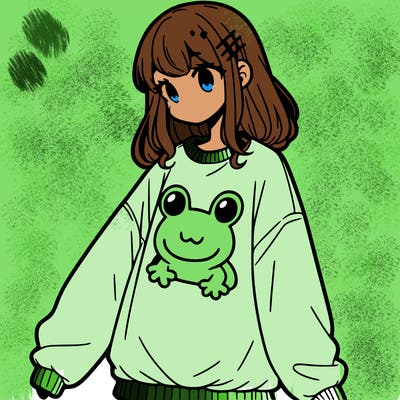 girl wearing frogging sweatshirt