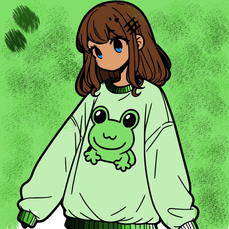 girl wearing frogging sweatshirt