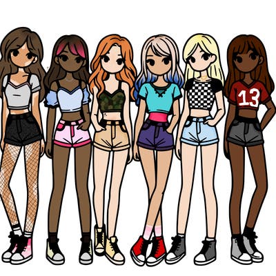 a group of girls wearing crop tops and shorts
