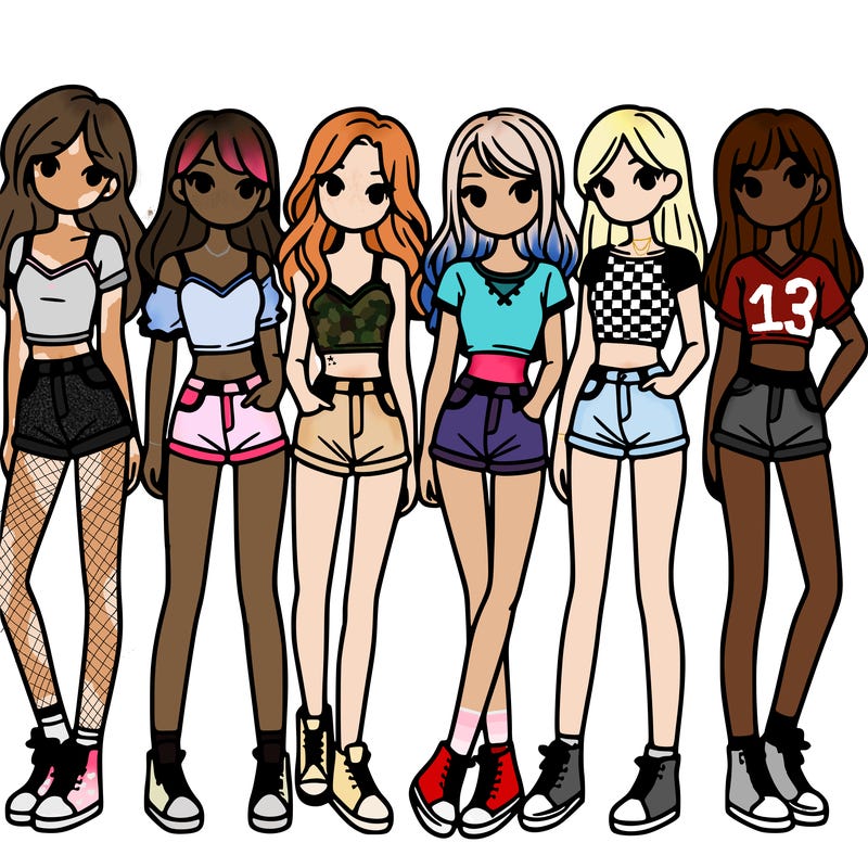 a group of girls wearing crop tops and shorts